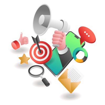 Flat isometric concept illustration. social media strategy digital marketing campaign